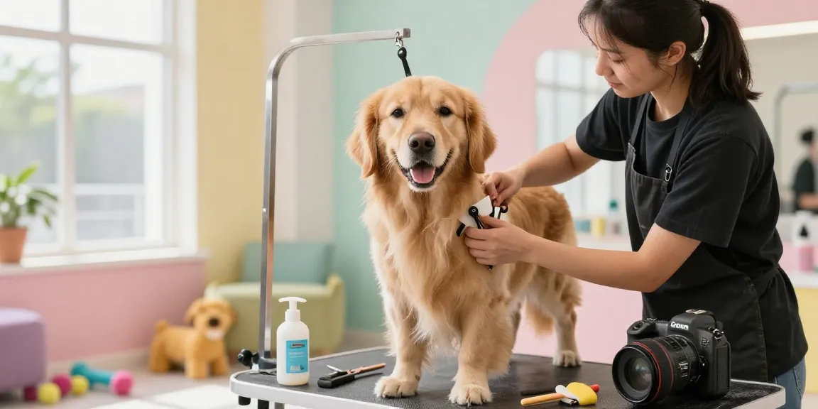 Hand Stripping in York at Fluffs Dog Grooming, showcasing a groomer and a happy golden retriever during a gentle grooming session.