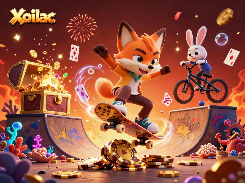 Xoilac promotes excitement with a fox kickflipping over poker chips in a vibrant casino scene.