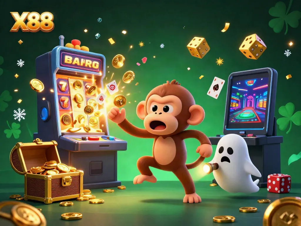 Experience the thrill of X88 with a playful poltergeist monkey and ghost-hunter puppy in a dynamic casino scene.