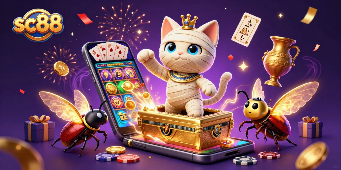 sc88 showcases a vibrant casino scene with a mummy cat and golden scarab, celebrating wins.