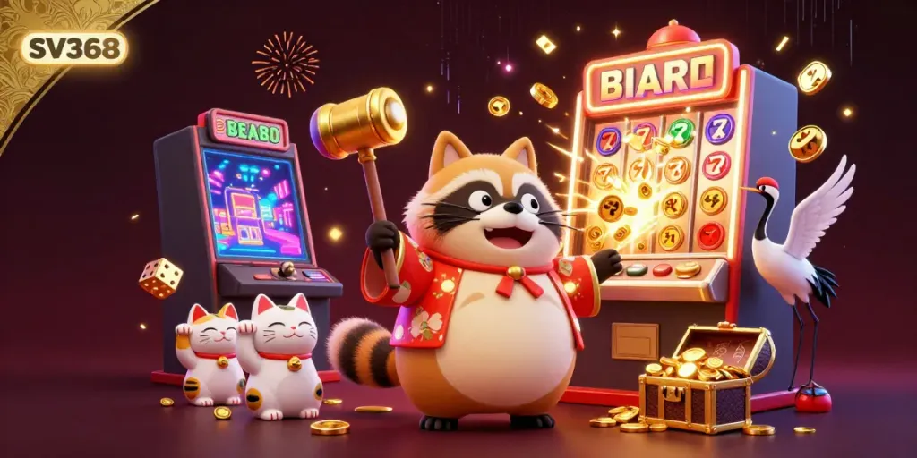 Engage with SV368 as the cheerful tanuki celebrates wins under a vibrant casino explosion.