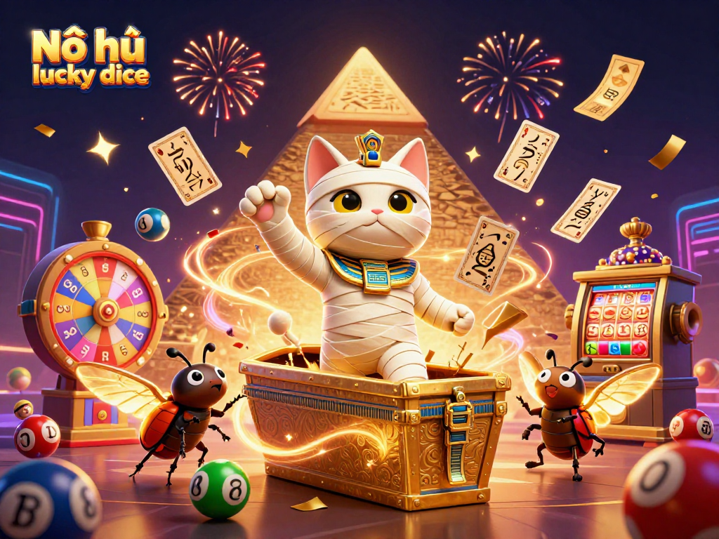 Play exciting Nổ hũ lucky dice with thrilling characters amid colorful casino elements.