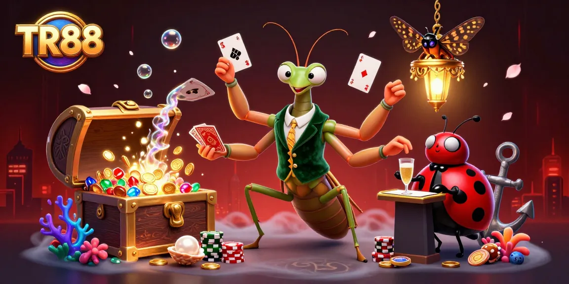 Engage with TR88 in a vibrant casino scene featuring a giant praying mantis dealer, charming ladybug boss, and thrilling game elements.