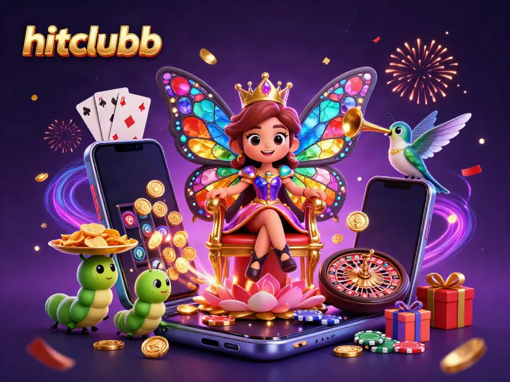 Experience hitclubb with a vibrant casino scene featuring a butterfly queen, slot games, and festive energy.