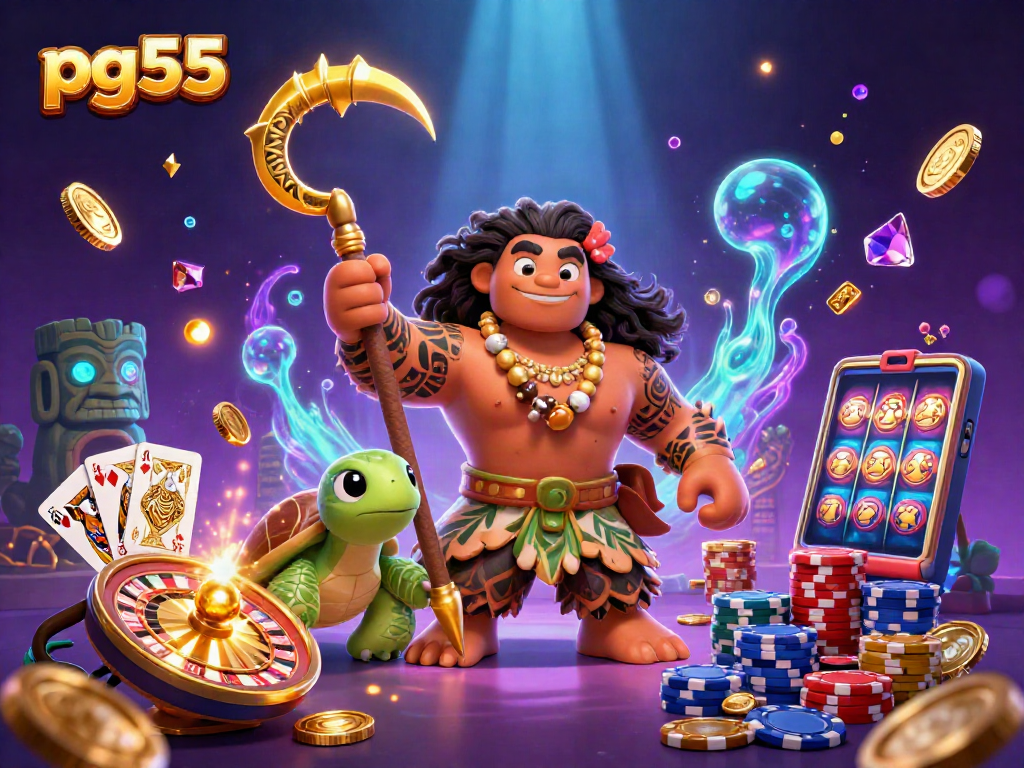 Spin and win at pg55 with an epic casino scene featuring a hawk demigod and treasures!