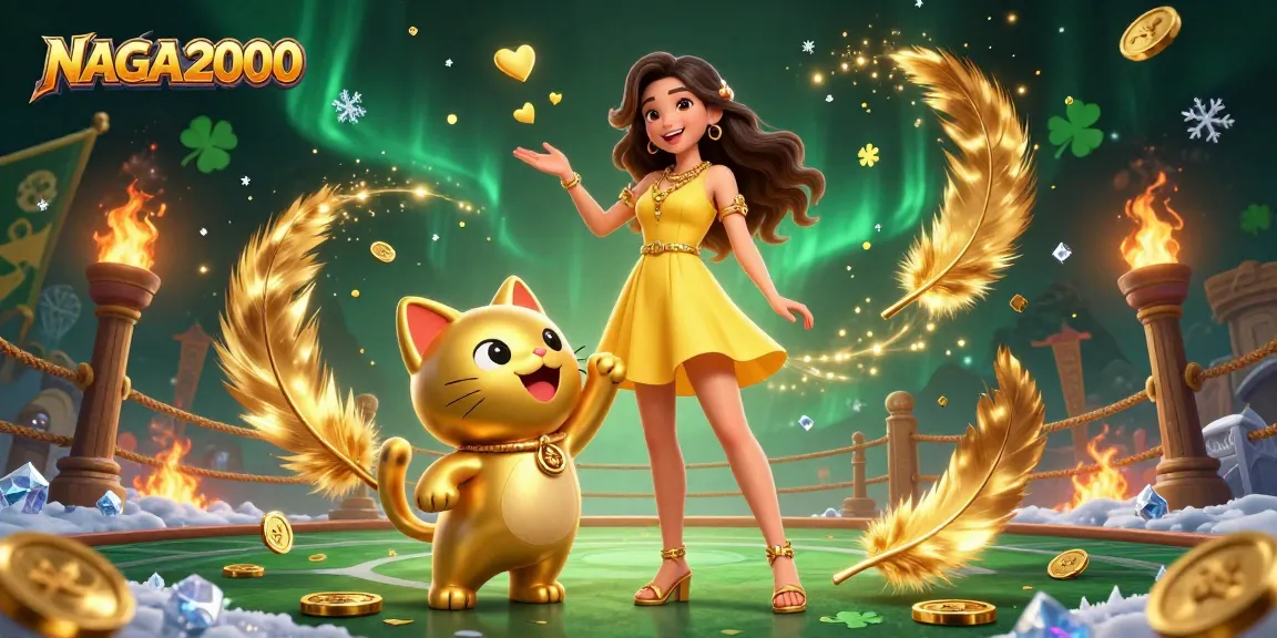 NAGA2000 menampilkan aksi kasino yang cerah dengan seorang wanita Asia yang ceria dan kucing keberuntungan dalam sebuah adegan permainan yang memikat.