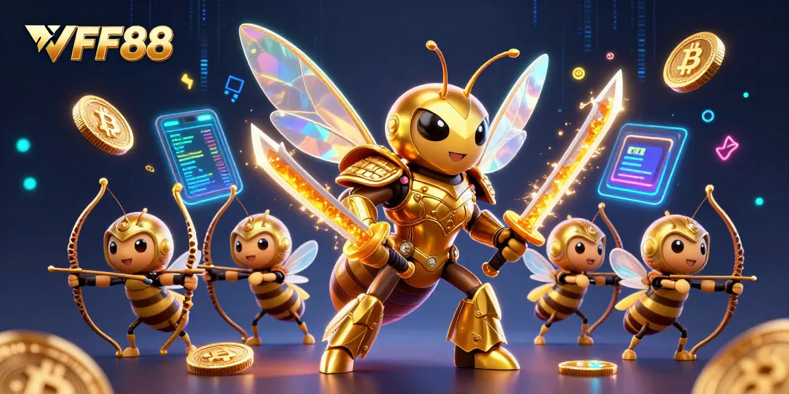 Engage with VFF88's thrilling gaming experience featuring a samurai hornet and vibrant crypto elements.