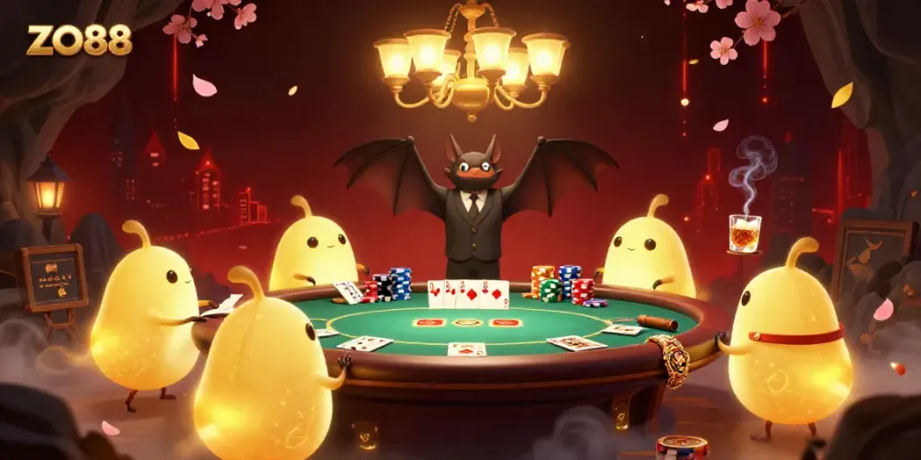 Experience the vibrant ZO88 casino illuminated by glowworms with a bat dealer and poker excitement.