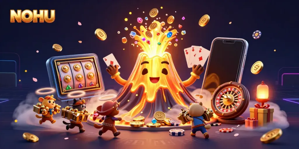 Engage with the thrilling world of NOHU, featuring a golden volcano eruption amidst treasures, game elements, and vibrant casino action.