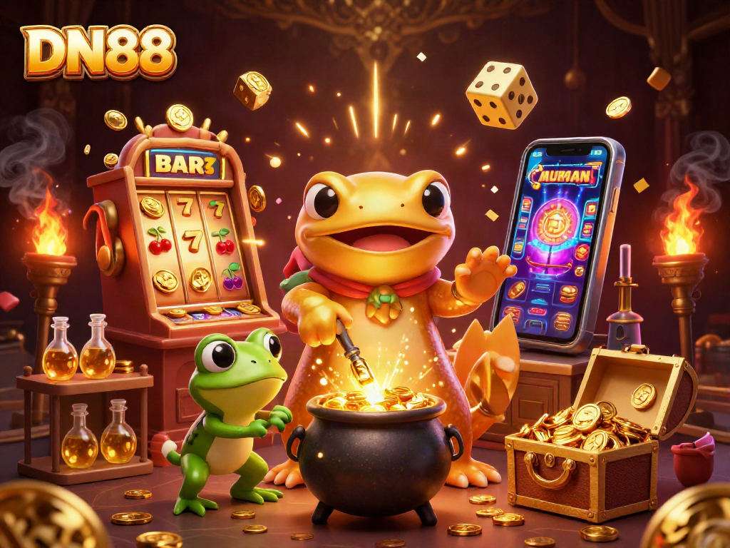 Win big with DN88 at the vibrant medieval casino featuring gold coins and exciting game elements.