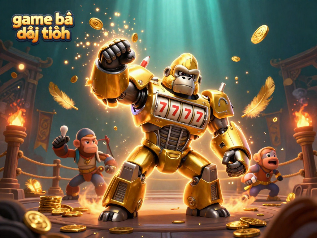 Engage in game bài đổi thưởng with an exciting golden gorilla mech bursting coins and action.