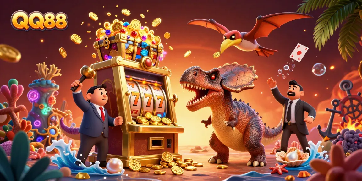 Watch QQ88 come to life as the pachycephalosaurus wins jackpot coins from a golden slot machine, surrounded by dynamic elements.