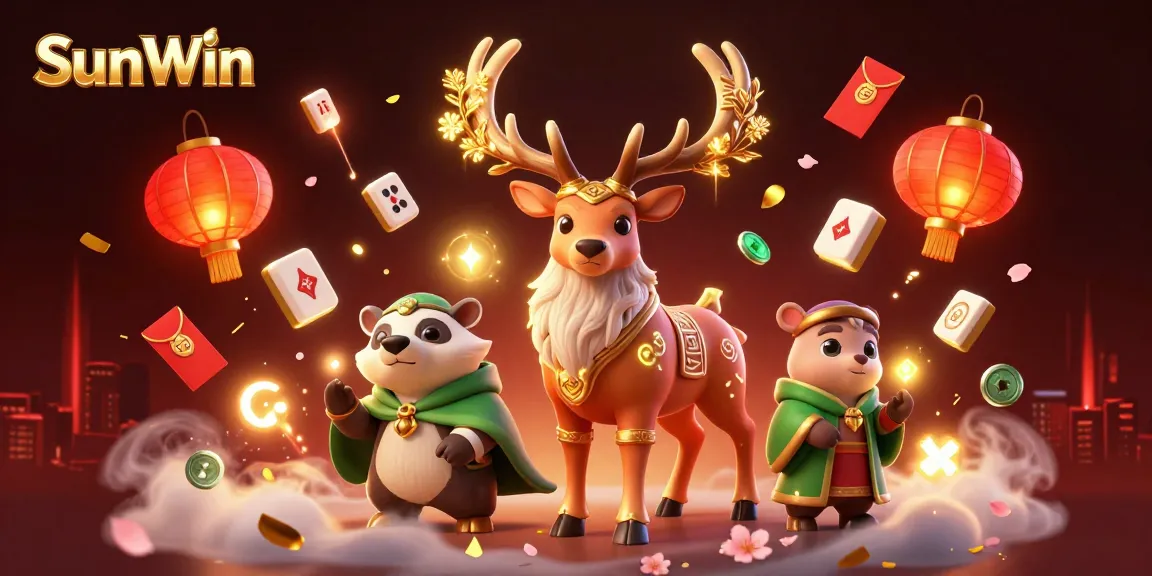 Experience SunWin's thrilling casino atmosphere with whimsical characters and vibrant elements surrounding an exciting gaming scene.
