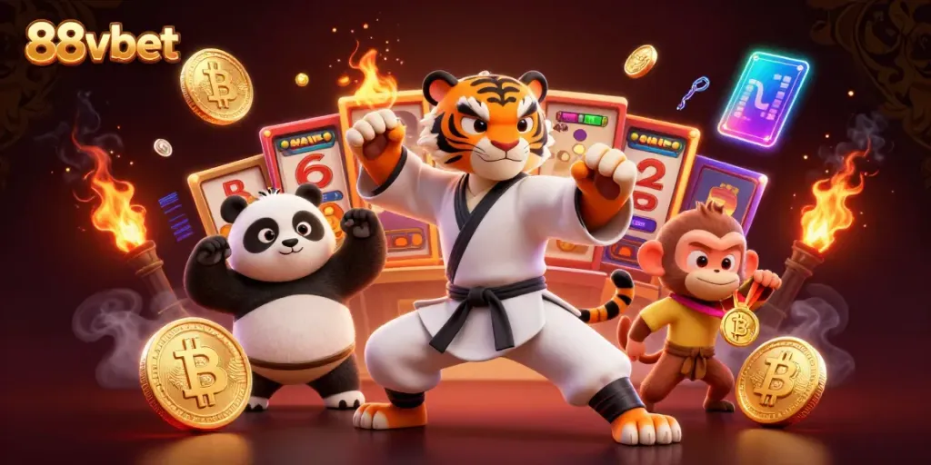 Engage with 88vbet’s vibrant gaming scene as the kung fu tiger, panda disciple, and monkey student celebrate with golden medals and slot reels.