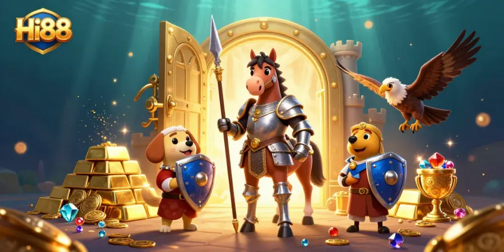 Join the exciting gaming adventure at Hi88 with a knight and friends amidst gold treasures.