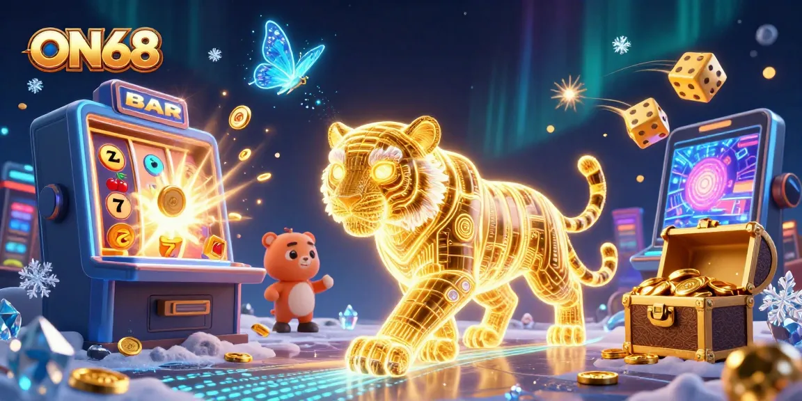 Experience thrilling gaming at ON68 with a neon-wireframe tiger amidst a vibrant 3D casino.