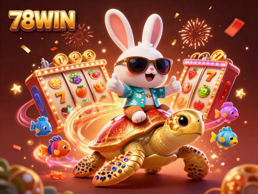 Join the fun with 78WIN's lucky rabbit celebrating gaming wins on a golden sea turtle!
