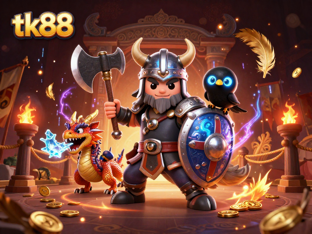 Capture the excitement of tk88 with a Viking wolf warrior, fierce dragon, and glowing raven in a dynamic casino scene.