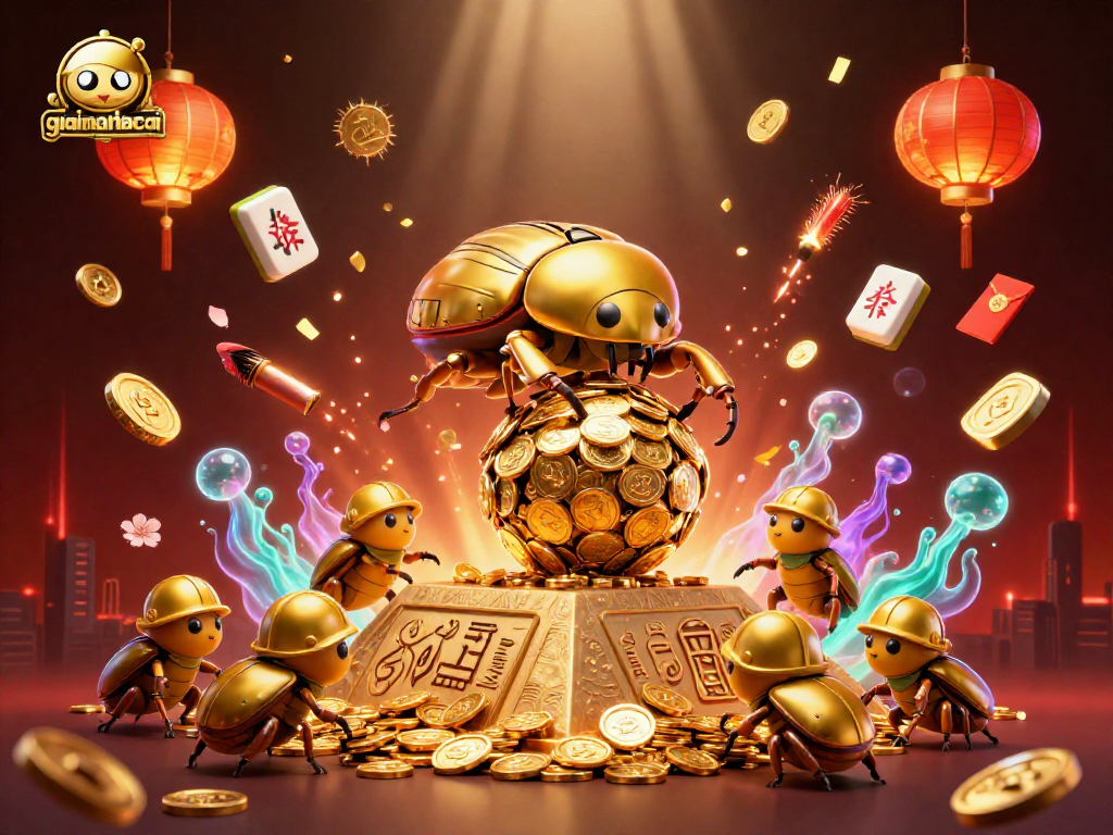 Experience excitement at Giaimanhacai with golden beetles rolling coins in a vibrant casino scene.