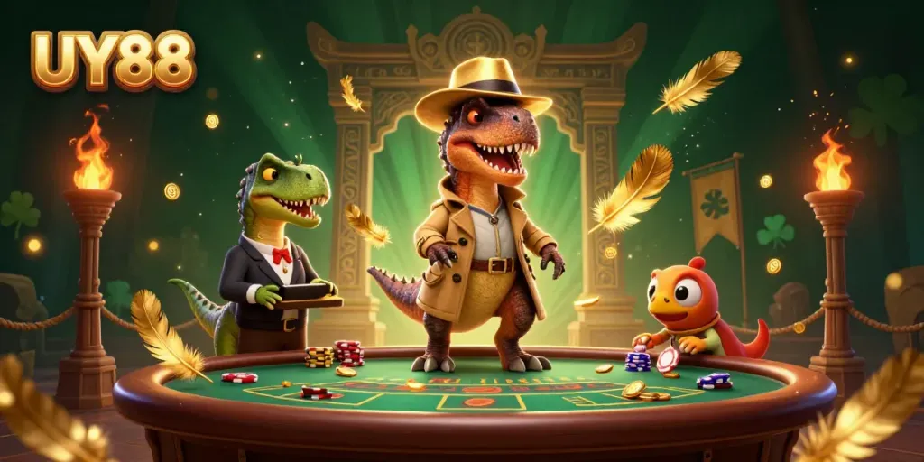 Engage in thrilling games at UY88 with playful dinosaurs in a vibrant casino scene.