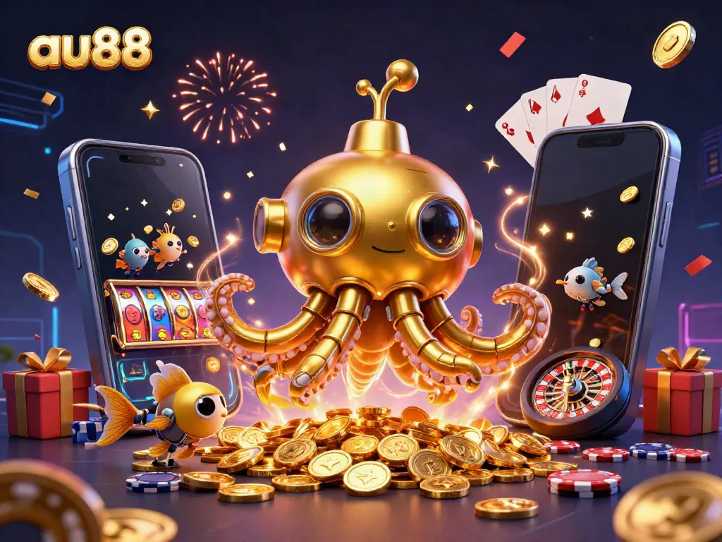 Enhance your gaming experience with au88's exhilarating slot machine action amidst a storm of golden coins.