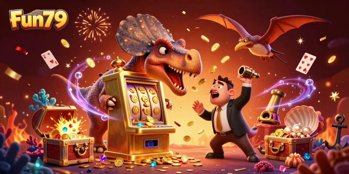 Fun79 engages players with a thrilling 3D casino scene featuring vibrant characters and casino elements.