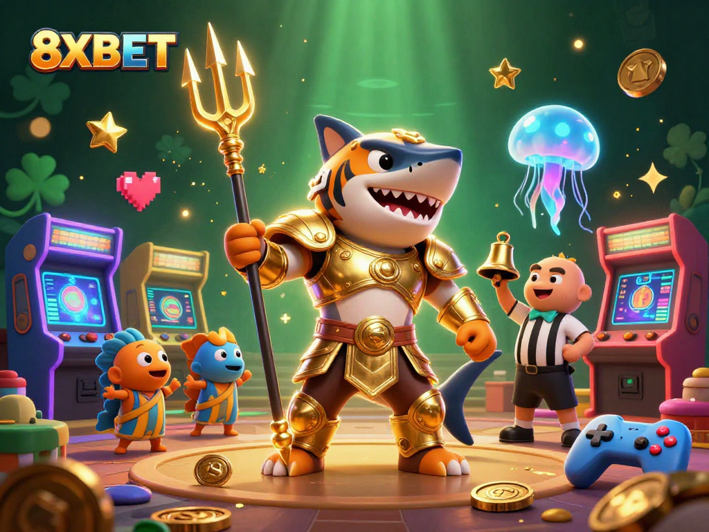 Engage in thrilling action at 8XBET casino with a fierce tiger shark in gladiator armor.