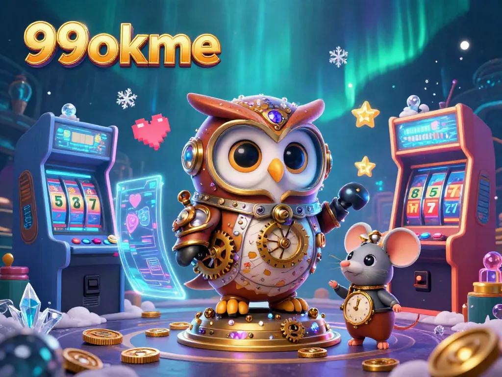 95okme offers a thrilling gaming world filled with vibrant 3D arcade elements and a steampunk owl.