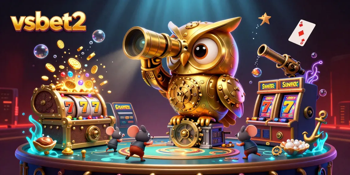 Spin and win with vsbet2's clockwork owl scanning a vibrant casino floor filled with treasures.