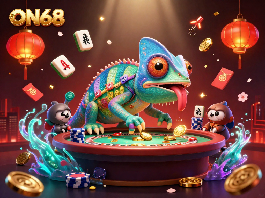 Enhance your gameplay with ON68, featuring a vibrant casino scene with a chameleon owner and dynamic game elements.