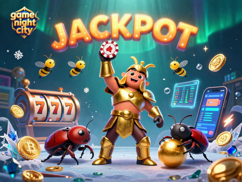 Engage in game bài night city with thrilling slot action featuring cartoon beetles and vibrant casino elements