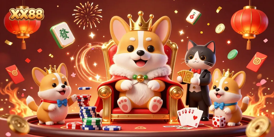 Experience the thrill of XX88 with a lively 3D scene showcasing royal corgis and casino elements filled with excitement.