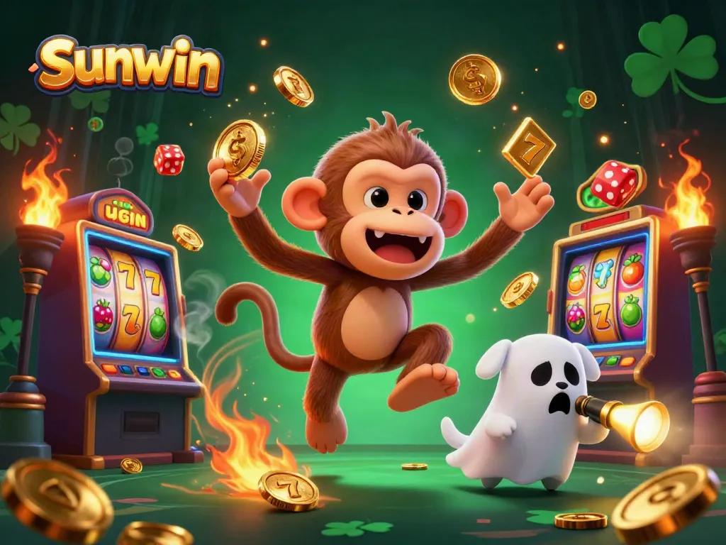 Experience the thrill of sunwin slots with mischievous spirits and rich visuals in a haunted casino scene.