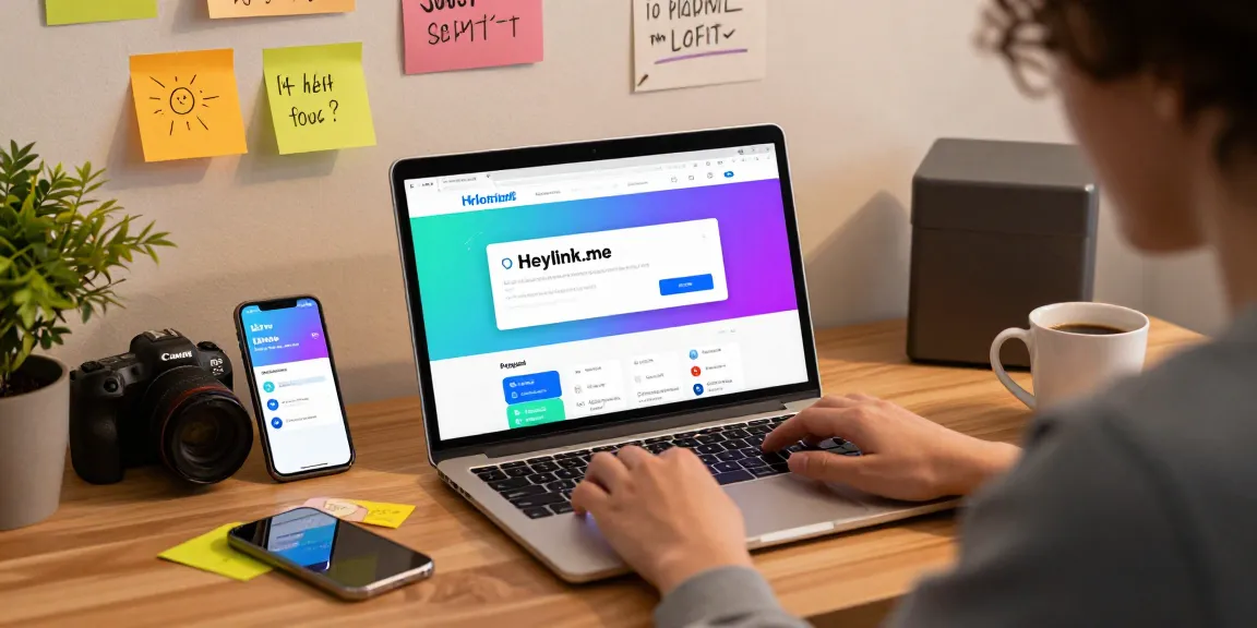 Pengguna GEGESLOT sedang membuat akun Heylink.me di laptop dengan lingkungan kantor rumah yang hangat.