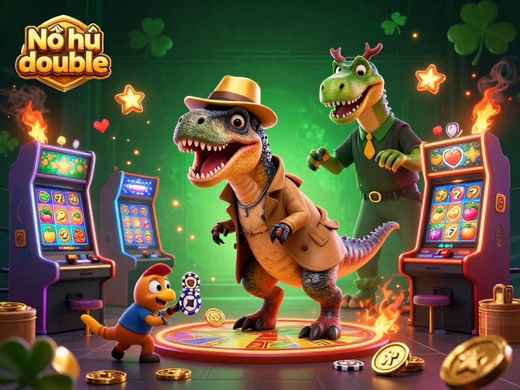 Nổ hũ double highlights the casino action with an engaging velociraptor at the jackpot slot machine, surrounded by colorful game elements.