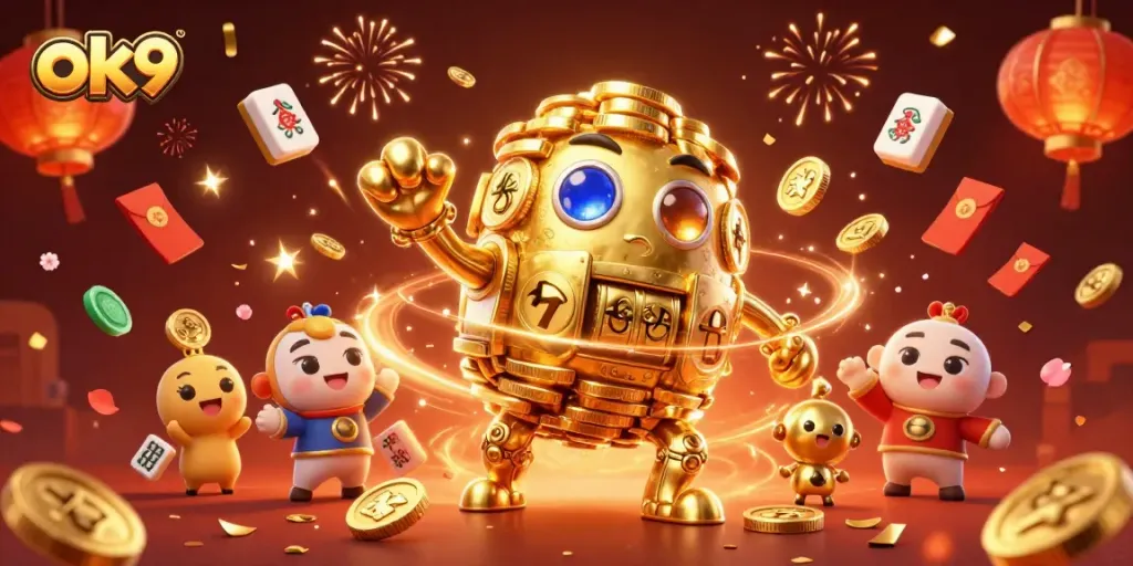 Spin the reels with ok9 at this vibrant casino scene full of gold and festive elements.