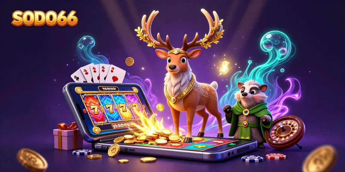 SODO66 transforms gaming excitement with a magical druid scene, full of vibrant slot reels and casino elements.