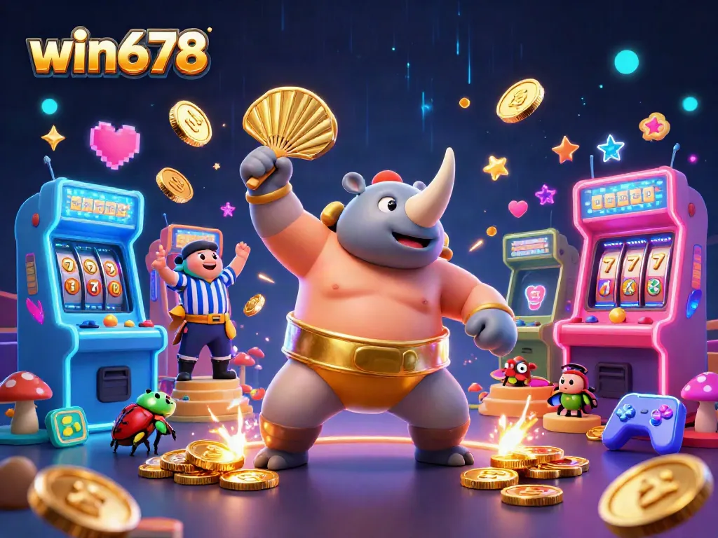 Experience the excitement at win678 with a cartoon rhinoceros beetle sumo champion surrounded by golden coins and arcade games.