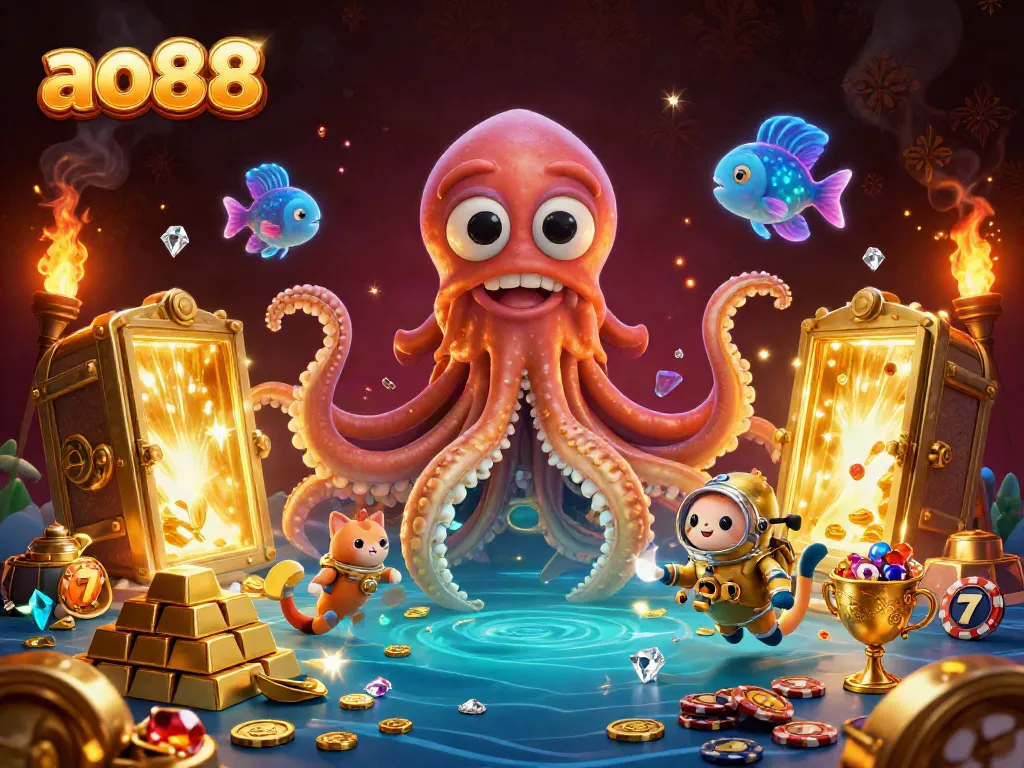 Experience the thrill of ao88 with a cartoon kraken and diving cat in a vibrant casino treasure scene.