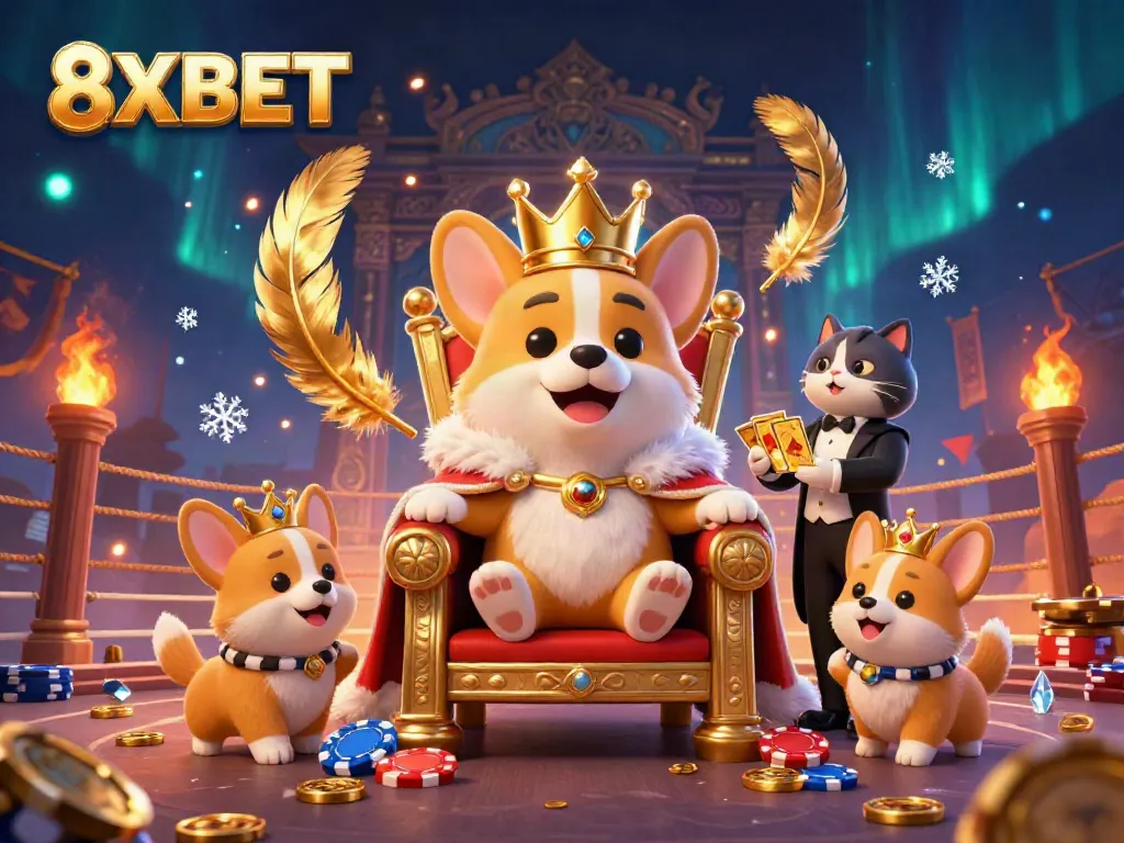 Experience the excitement of 8XBET with a royal corgi surrounded by vibrant casino elements.