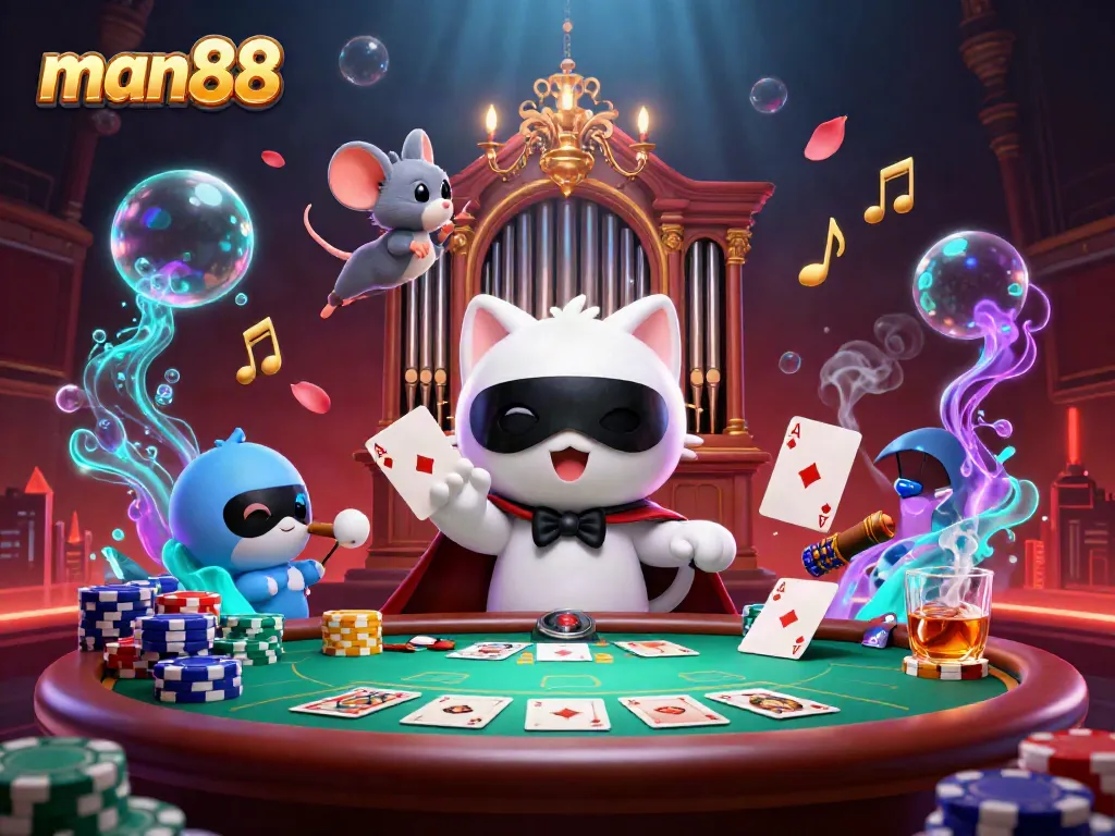 man88 highlights a vibrant casino scene with a masked cat at the organ and poker elements