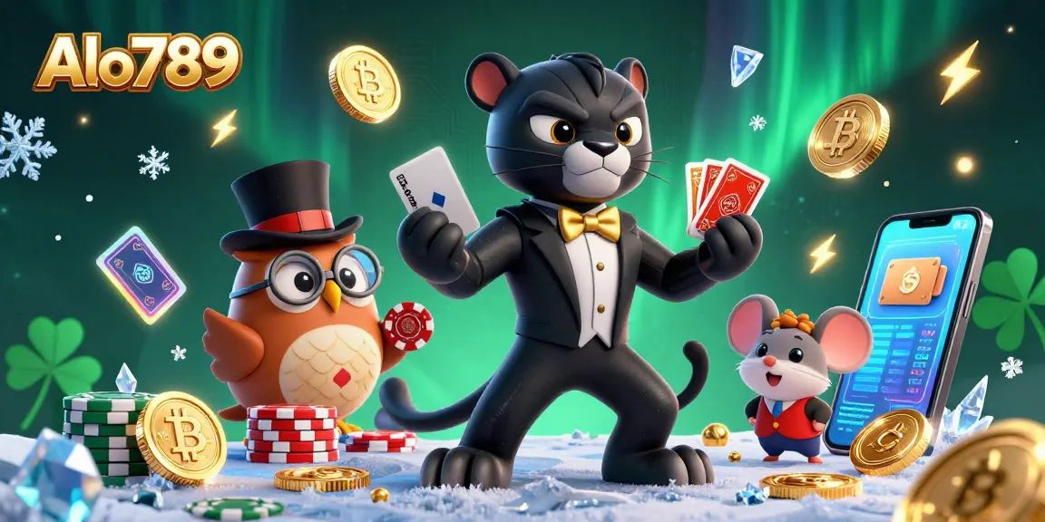 Alo789 offers an exciting gambling experience with stylized characters handling poker chips and high-stakes gaming.