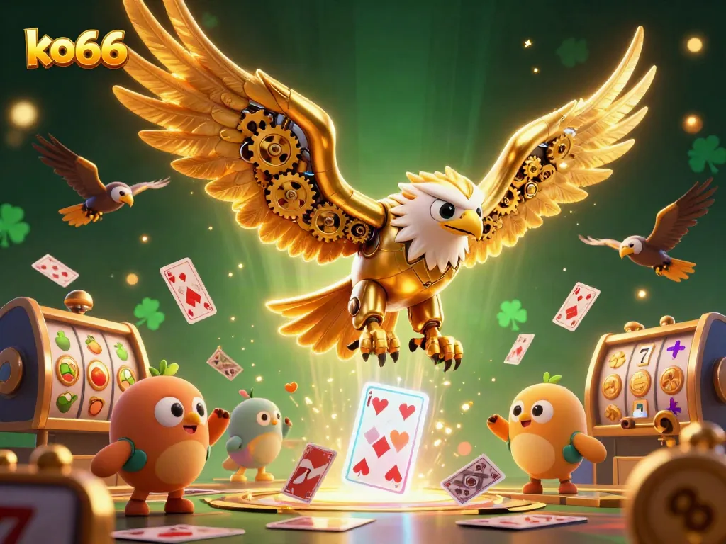 Engage in the action at ko66, with a cybernetic golden eagle soaring through a vibrant casino landscape.