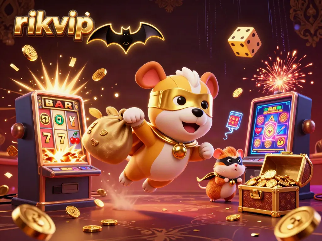 rikvip offers a vibrant online casino experience with a superhero dog soaring through a jackpot splendor.