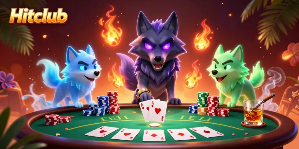Hitclub showcases an exciting poker scene with wolves, chips, and vibrant energy.