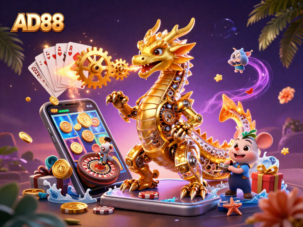 Experience the thrill of AD88 with a vibrant 3D dragon breathing gears amidst casino games.