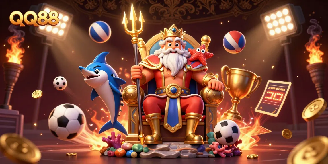 Bet on exciting games at QQ88, featuring a vibrant 3D illustration of Neptune and sports elements.