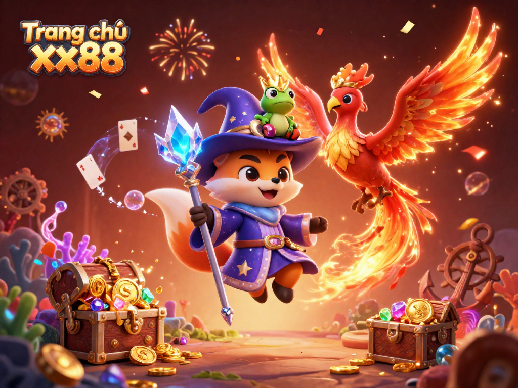 Immerse in the magic of Trang chủ xx88 with a wizard fox, phoenix, and enchanted elements in an exciting gaming scene.