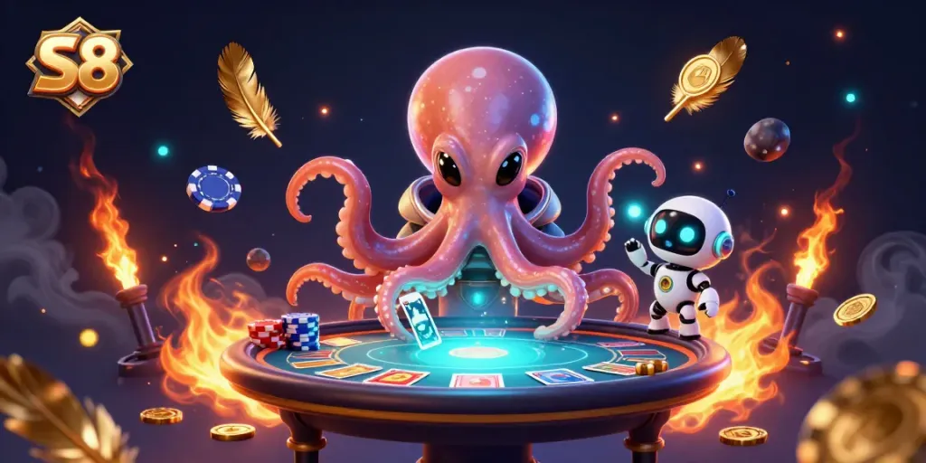 Play poker with the S8 alien octopus and robot, surrounded by sparkling chips and coins.