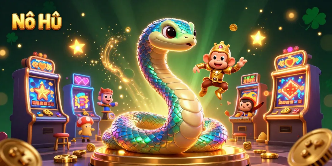 Nổ Hũ showcases dynamic slot action with a rainbow serpent, adventurous monkey king, and glowing arcade elements.
